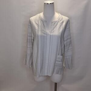 Habitat Shirt Womens Large White Gray Stripe Split Neck Tunic Pocket Top